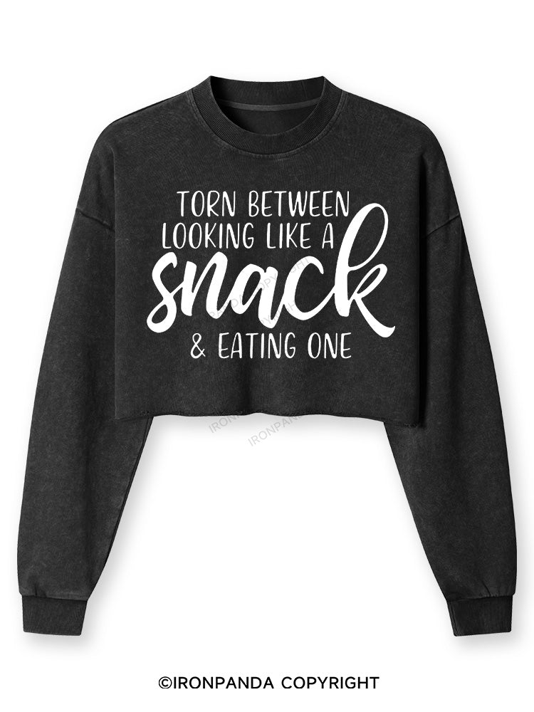 TORN BETWEEN A SNACK AND EAT ONE Washed Long-Sleeve Crop Top