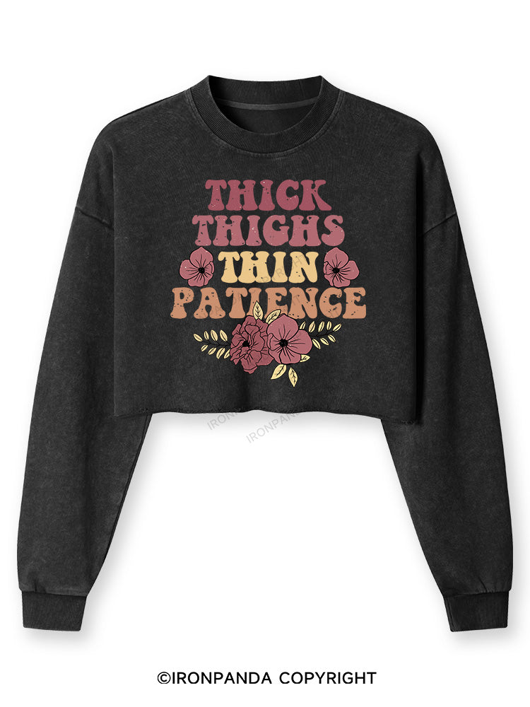 THICK THIGHS THIN PATIENCE Washed Long-Sleeve Crop Top