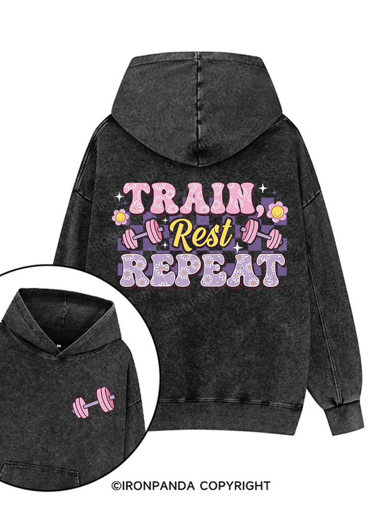 TRAIN, REST, REPEAT Printed Washed Gym Hoodie