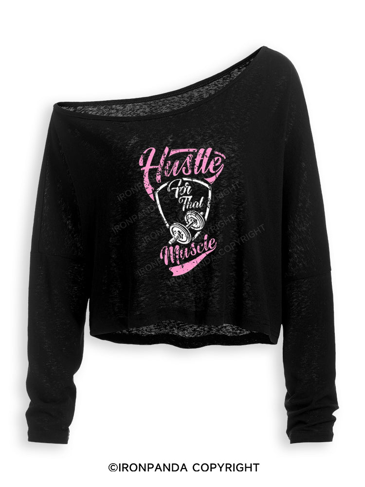HUSTLE FOR THAT MUSCLE FUNNY GYM PINK Off Shoulder Long Sleeve Crop Top
