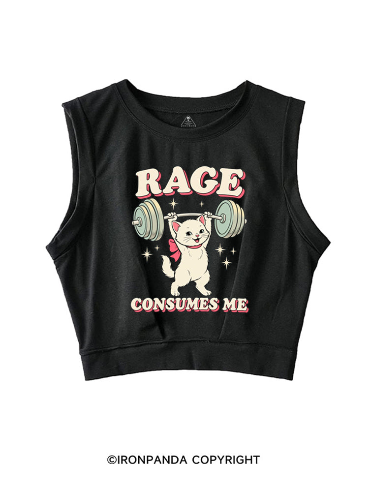 RAGE CONSUMES ME FUNNY CAT WEIGHTLIFTING SLEEVELESS CROP TOPS