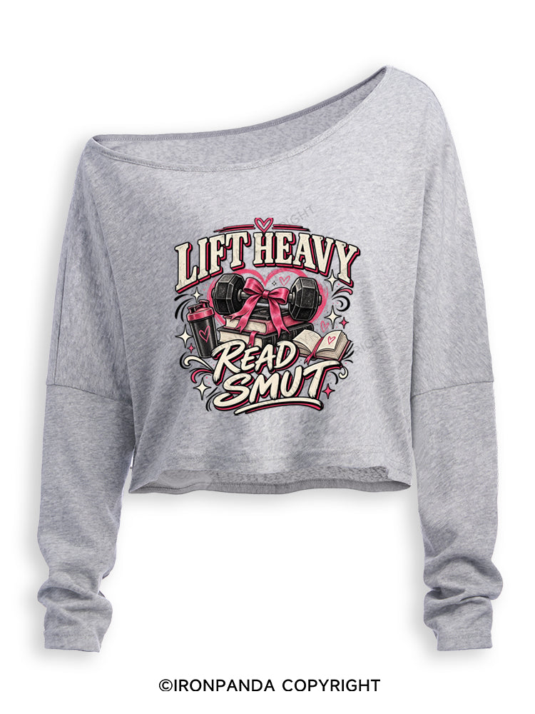LIFT HEAVY READ SMUT GIRLY GYM READER Off Shoulder Long Sleeve Crop Top