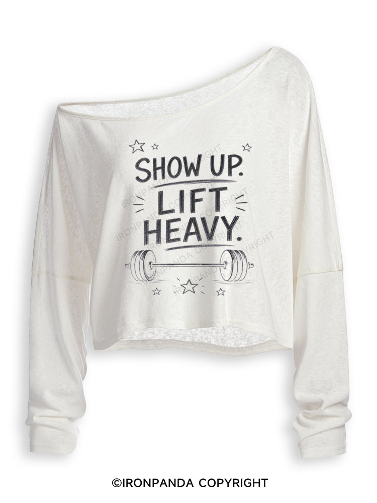 SHOW UP LIFT HEAVY Off Shoulder Long Sleeve Crop Top