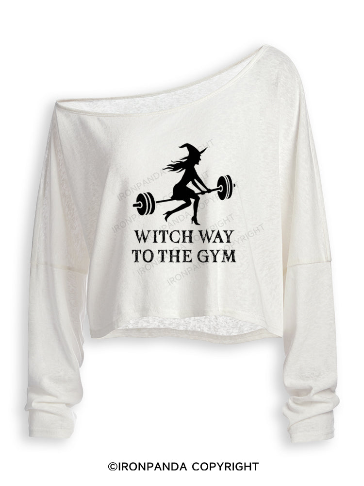 Witch Way To The Gym Funny Halloween Off Shoulder Long Sleeve Crop Top