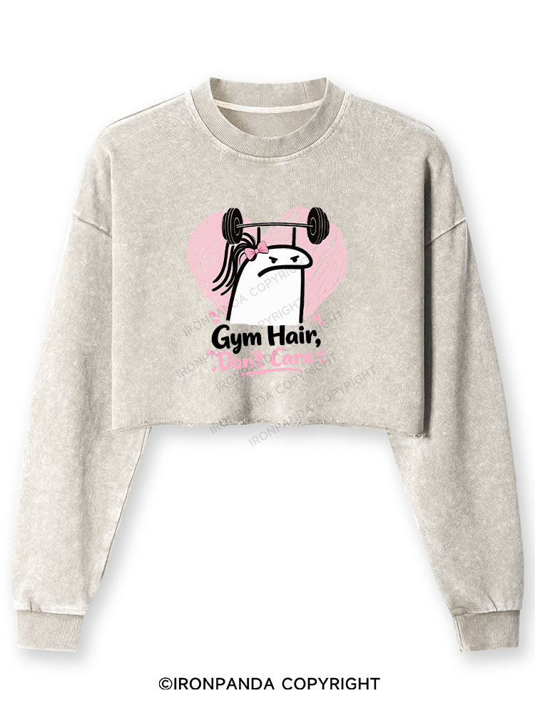 Gym Hair Don't Care Funny Gym Washed Long-Sleeve Crop Top