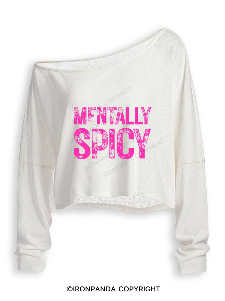 MENTALLY SPICY FUNNY GYM Off Shoulder Long Sleeve Crop Top