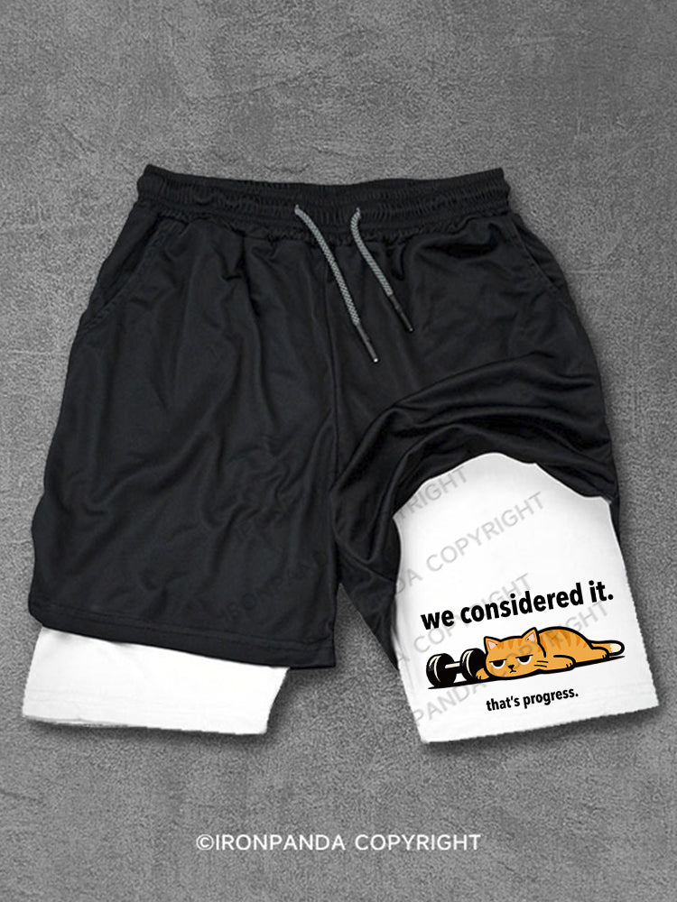 We Considered It That's Progress Lazy Cat Dumbbell Performance Training Shorts