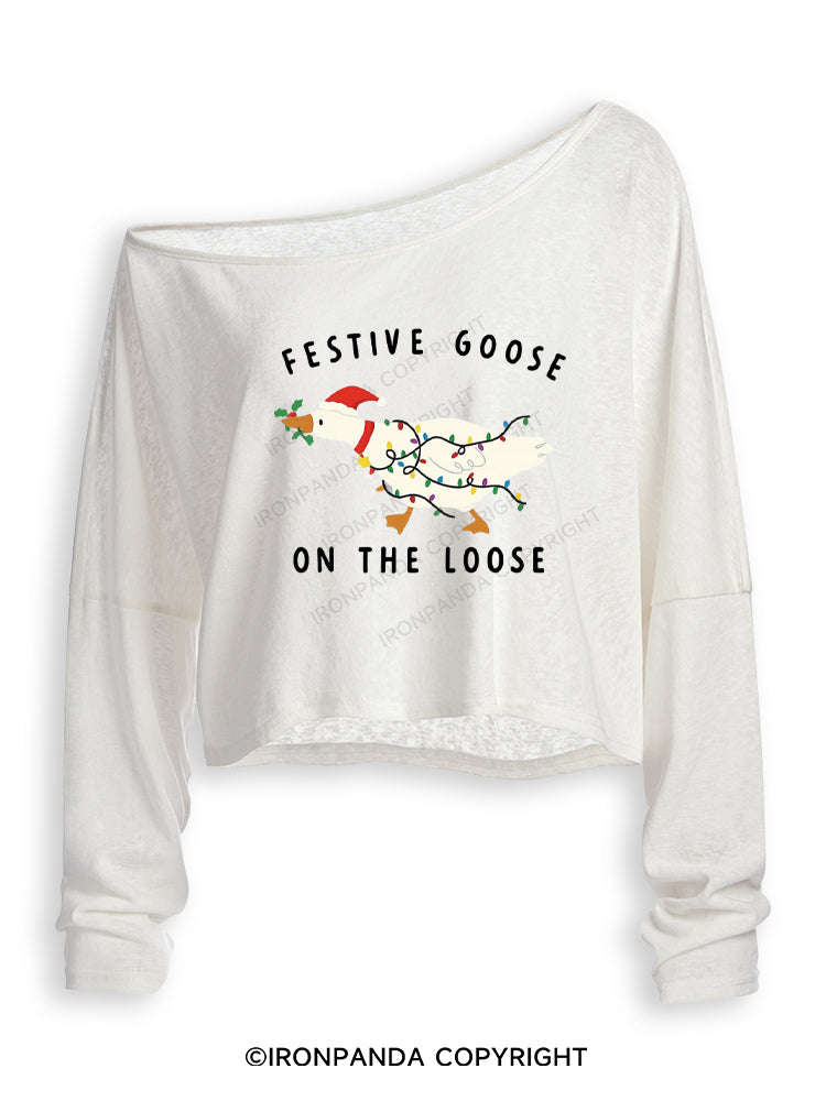 Festive Goose On The Loose Christmas Funny Off Shoulder Long Sleeve Crop Top