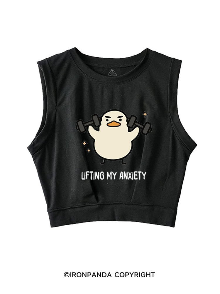 LIFTING MY ANXIETY WEIGHTLIFTING DUCK SLEEVELESS CROP TOPS