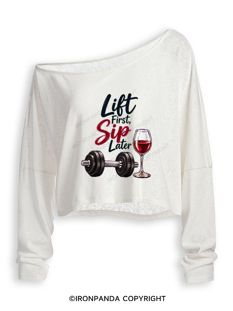 Lift First Sip Later Off Shoulder Long Sleeve Crop Top