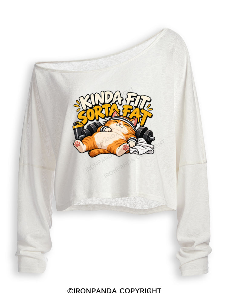 Kinda Fit Sorta Fat Cute Gym Cat Off Shoulder Long Sleeve Crop Top