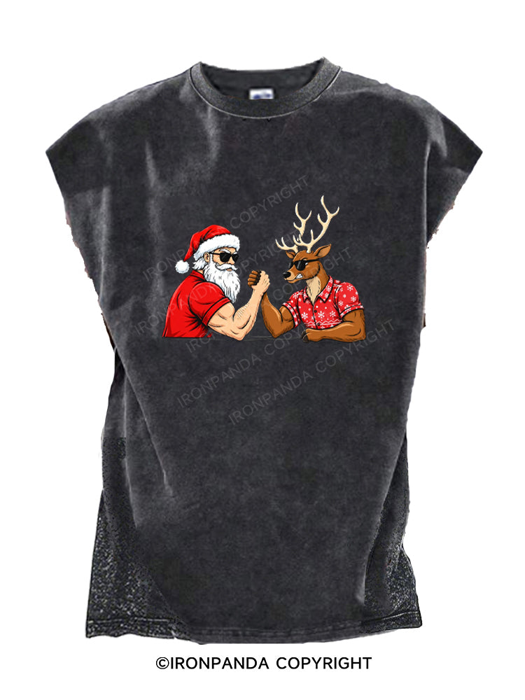 Santa Claus Vs Reindeer Funny Christmas Cut Off Tank