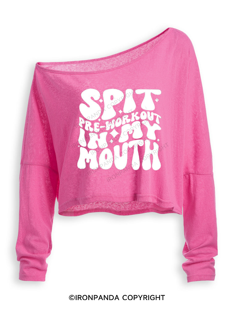 SPIT PRE-WORKOUT IN MY MOUTH FUNNY GYM Off Shoulder Long Sleeve Crop Top