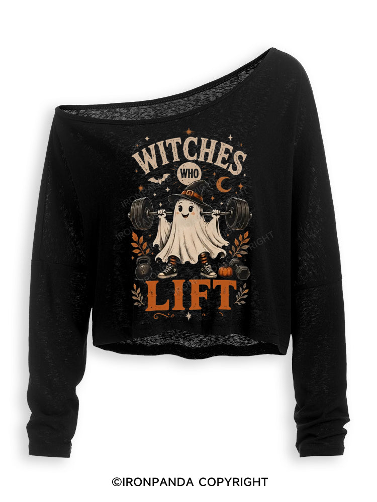 WITCHES WHO LIFT GHOST HALLOWEEN GYM Off Shoulder Long Sleeve Crop Top