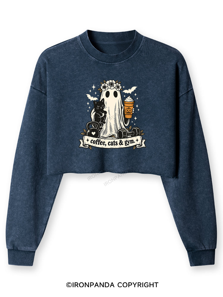 COFFEE, CATS & GYM HAPPY HALLOWEEN Washed Long-Sleeve Crop Top