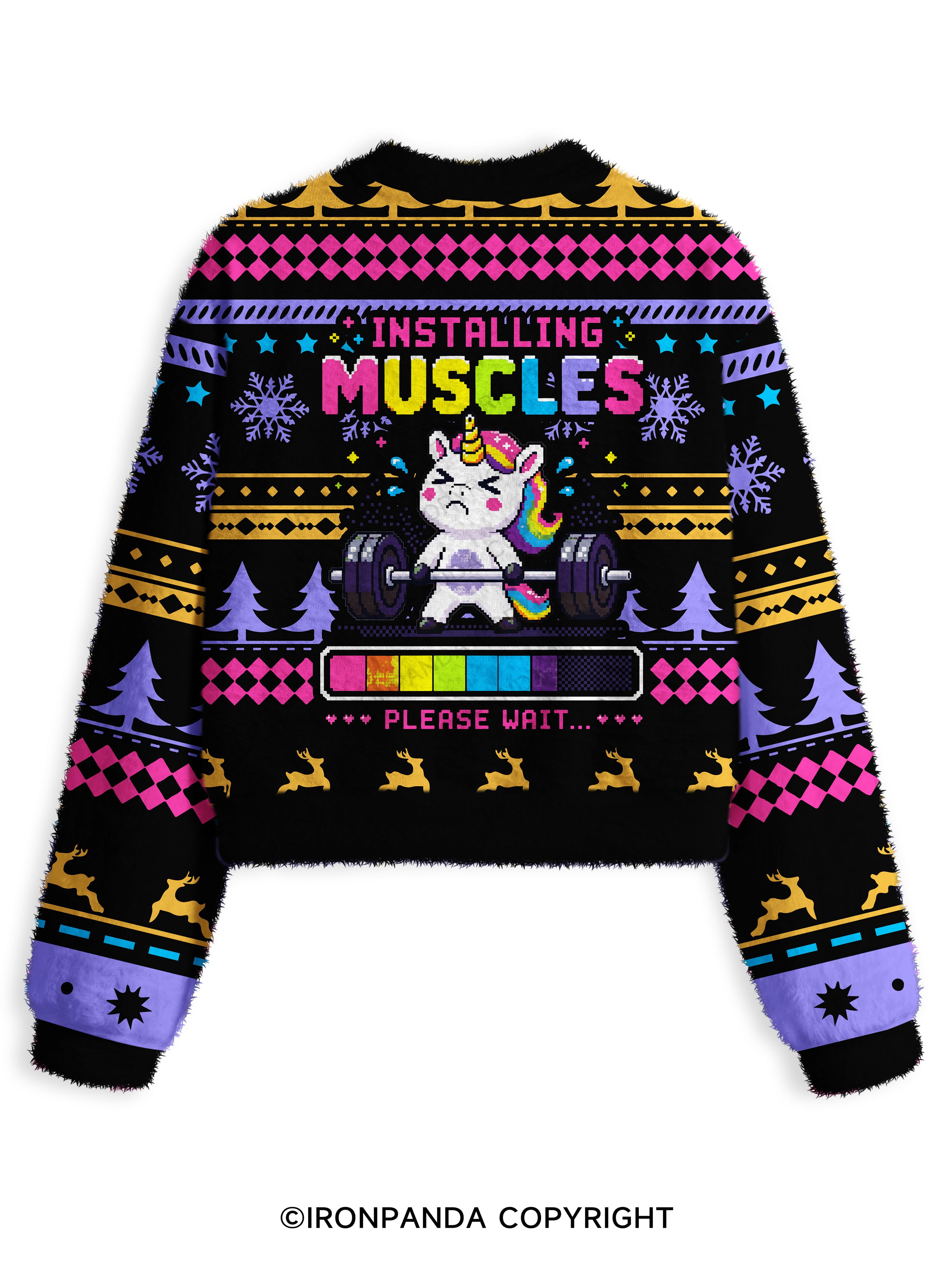 INSTALLING MUSCLES PLEASE WAIT MUSCLE UNICORN Fuzzy Fleece Crop Sweater