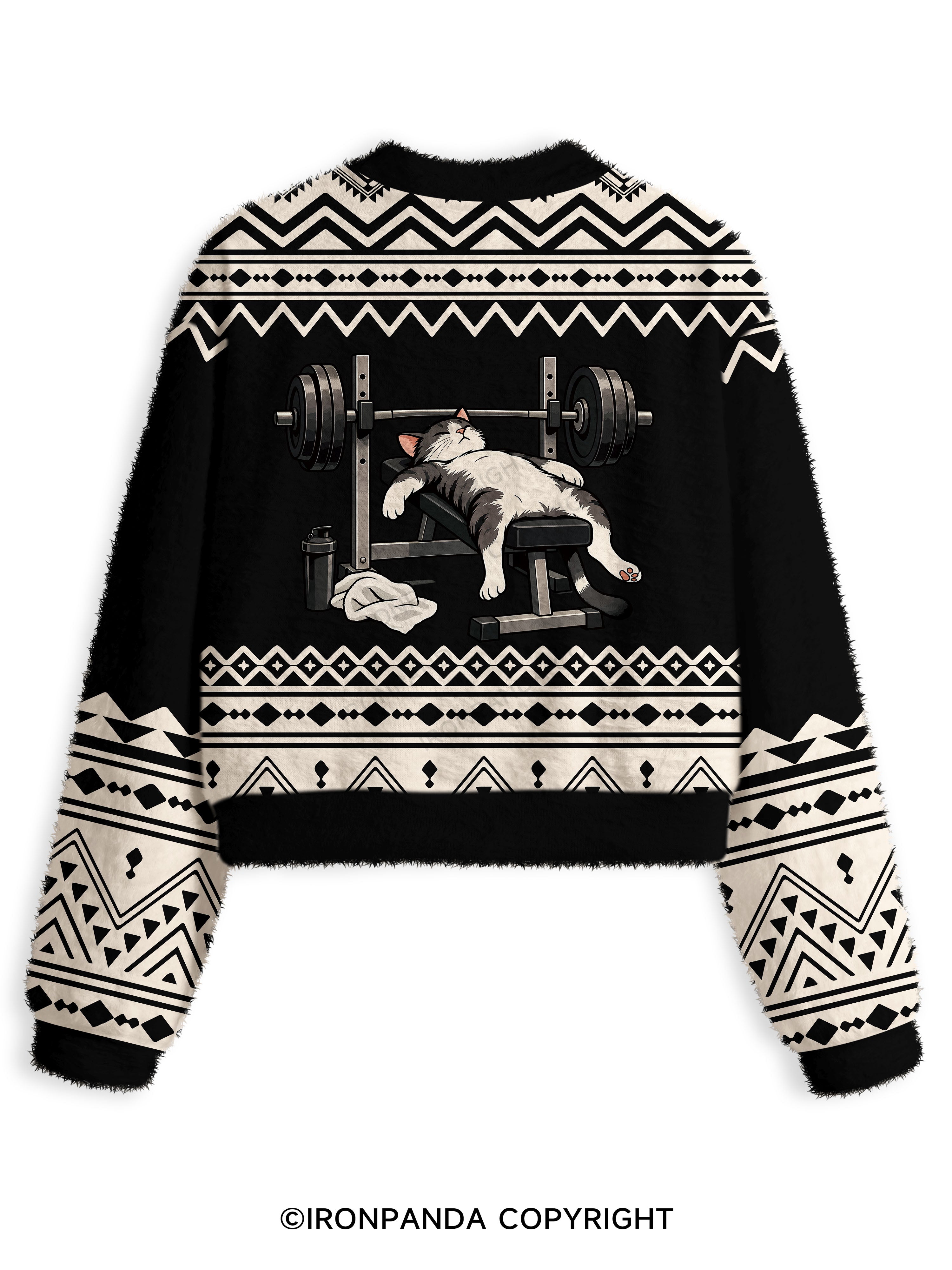 TIRED GYM CAT AFTER WORKOUT Fuzzy Fleece Crop Sweater