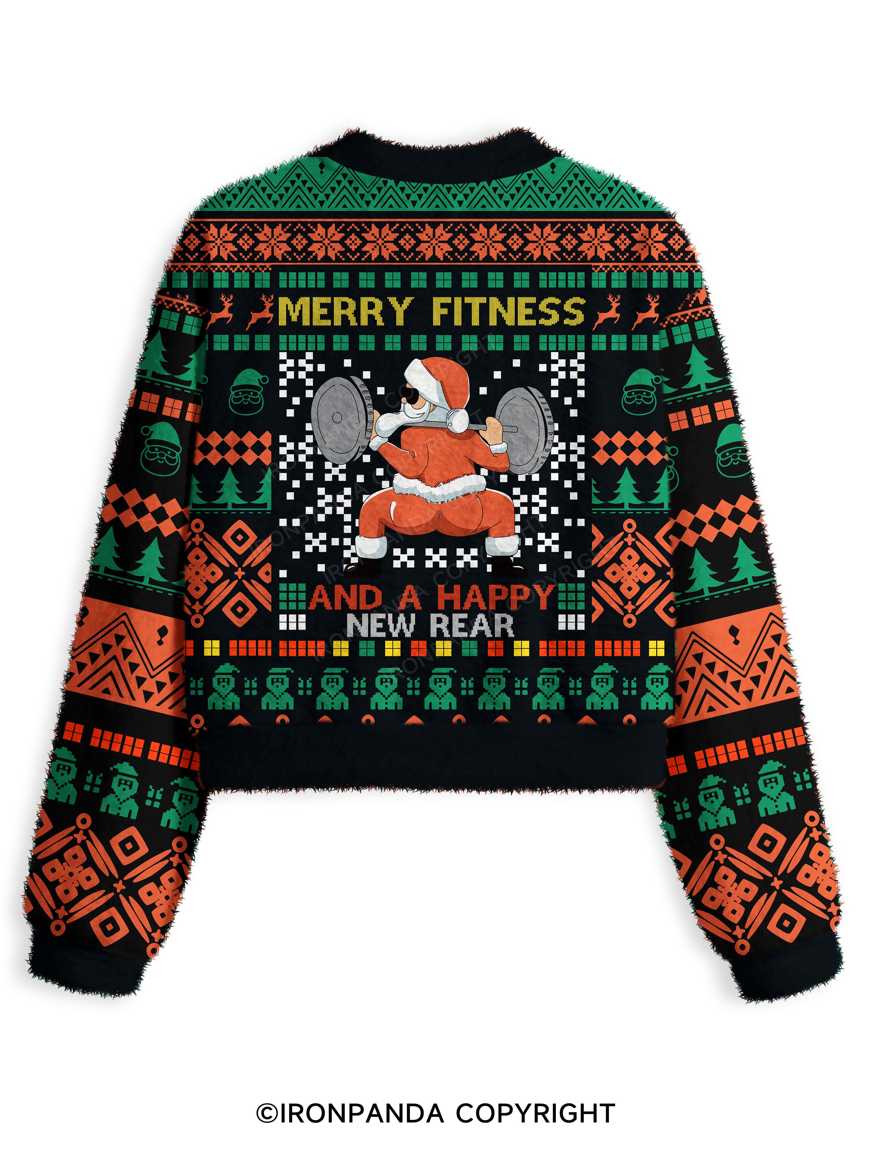IRONPANDA MERRY FITNESS AND A HAPPY NEW REAR Fuzzy Fleece Crop Sweater