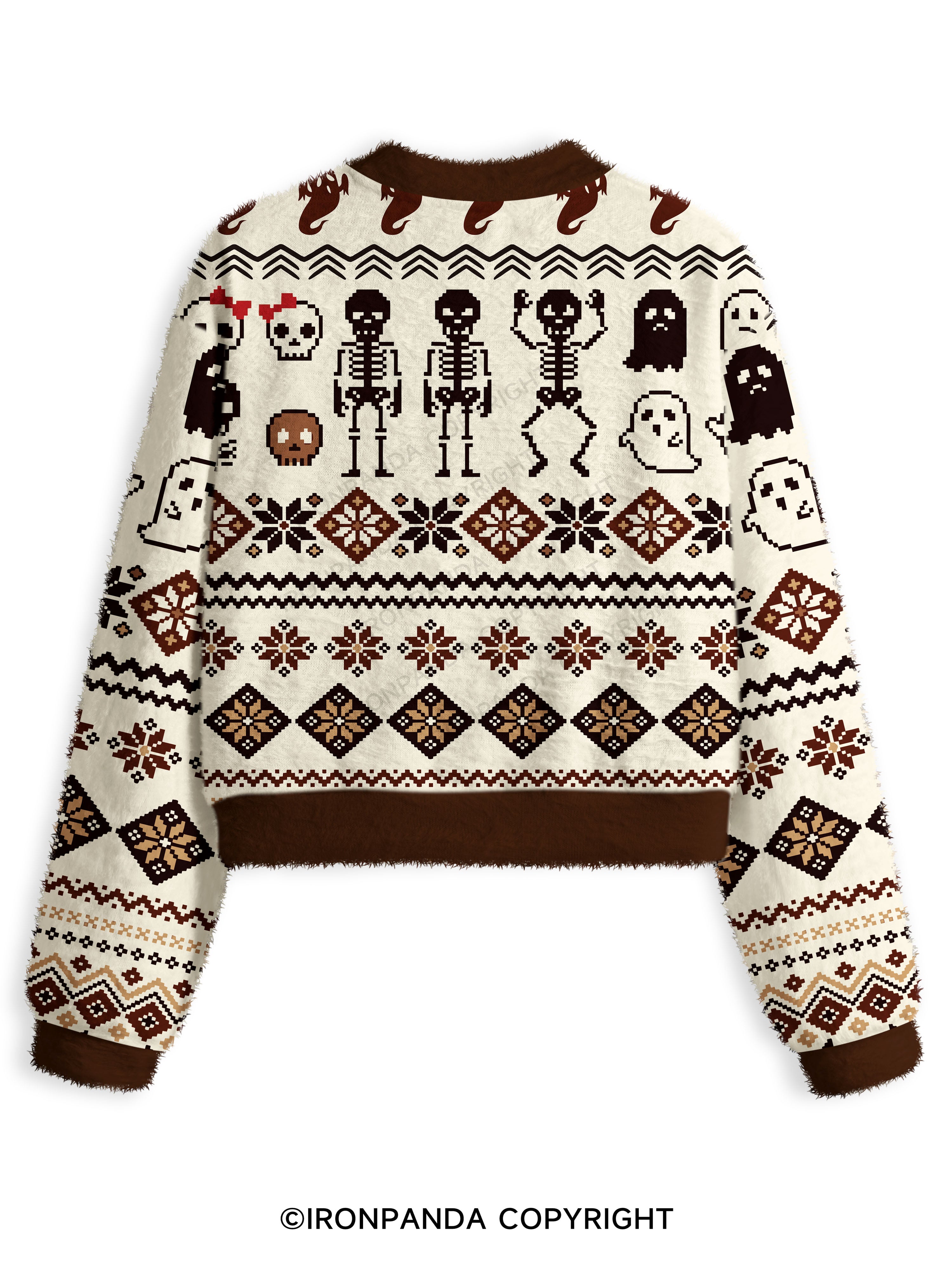 Ghost and Skeleton Workout Spooky Exercise Fuzzy Fleece Crop Sweater