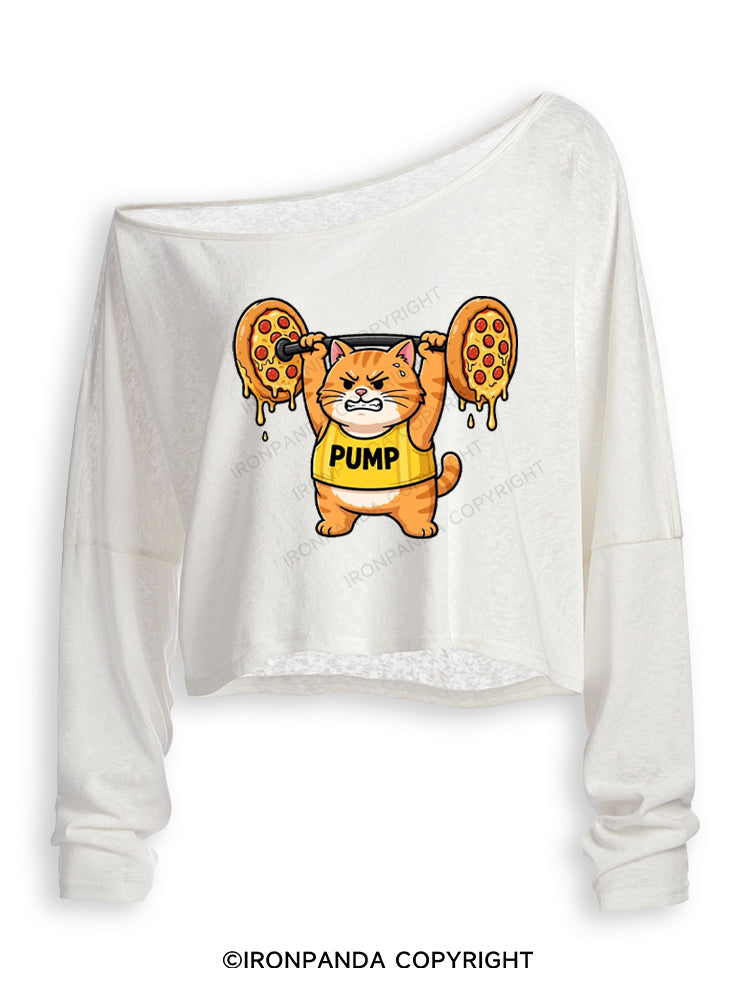 PUMP CAT LIFTING PEPPERONI PIZZA Off Shoulder Long Sleeve Crop Top