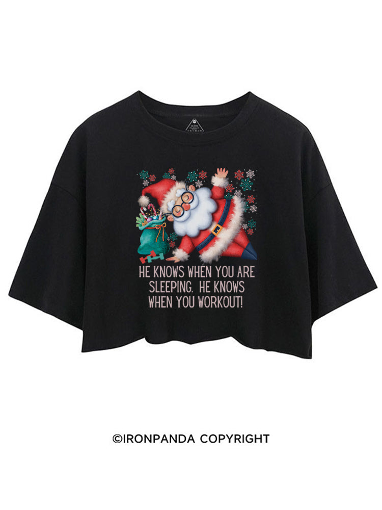 Funny Christmas Santa Knows When You Workout CROP TOPS