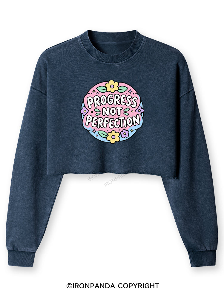 PROGRESS NOT PERFECTION Washed Long-Sleeve Crop Top