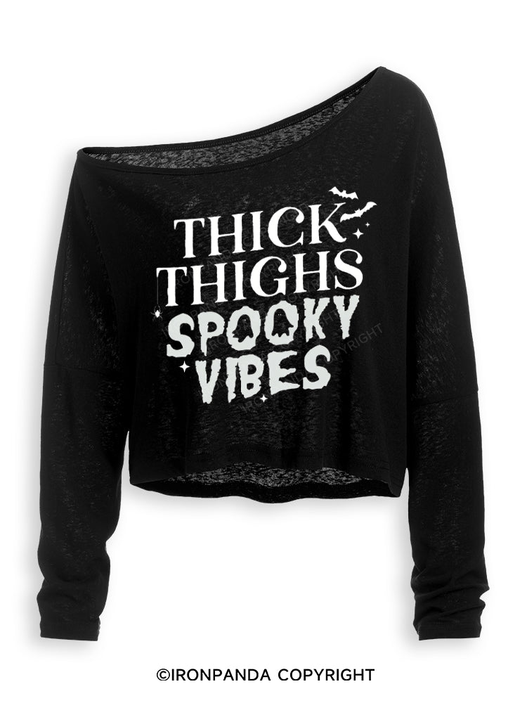 THICK THIGHS SPOOKY VIBES GHOST GYM Off Shoulder Long Sleeve Crop Top