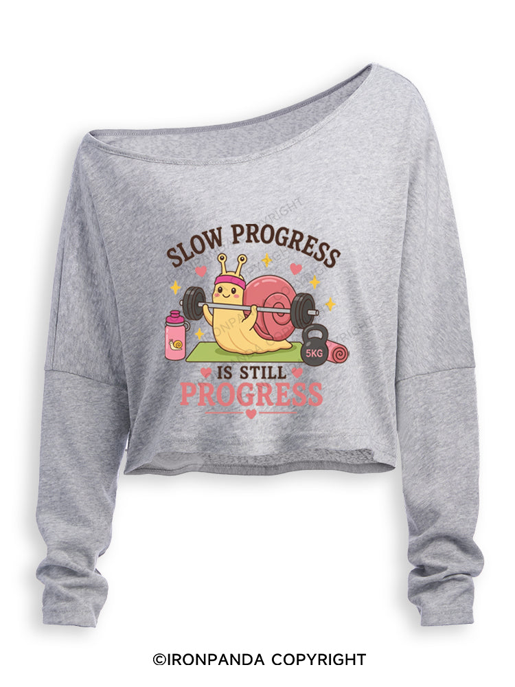 LOW PROGRESS IS STILL PROGRESS CUTE GYM SNAIL Off Shoulder Long Sleeve Crop Top