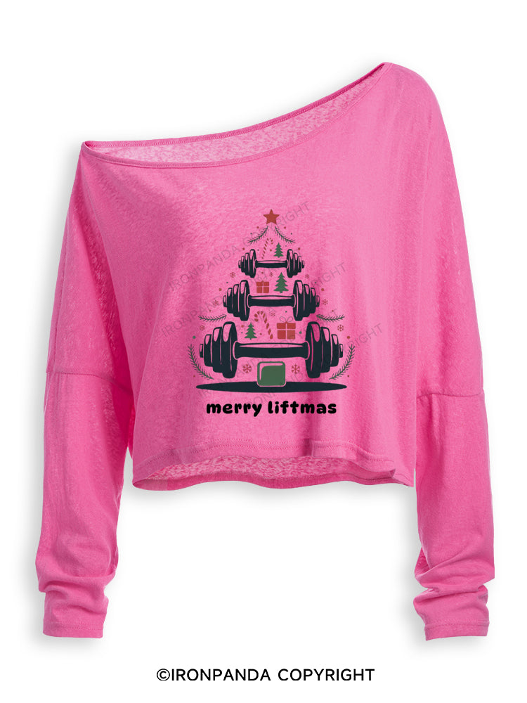 Merry Liftmas Funny Christmas Gym Off Shoulder Long Sleeve Crop Top