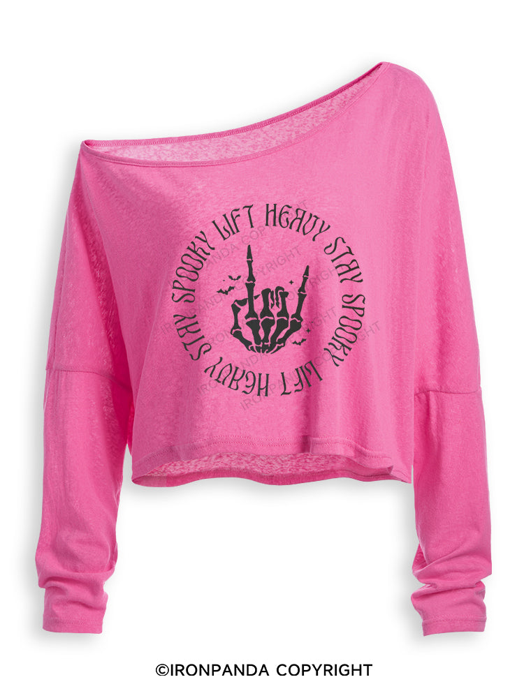 LIFT HEAVY STAY SPOOKY Off Shoulder Long Sleeve Crop Top