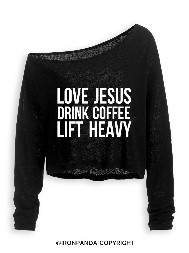 LOVE JESUS DRINK COFFEE LIFT HEAVY Off Shoulder Long Sleeve Crop Top