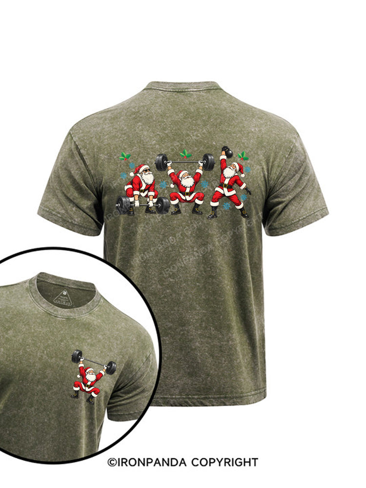 Santa Lifting Christmas Workout Printed Washed Gym Shirt