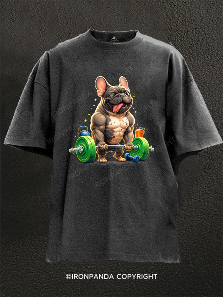 Funny French Bulldog Bodybuilding Washed Gym Shirt