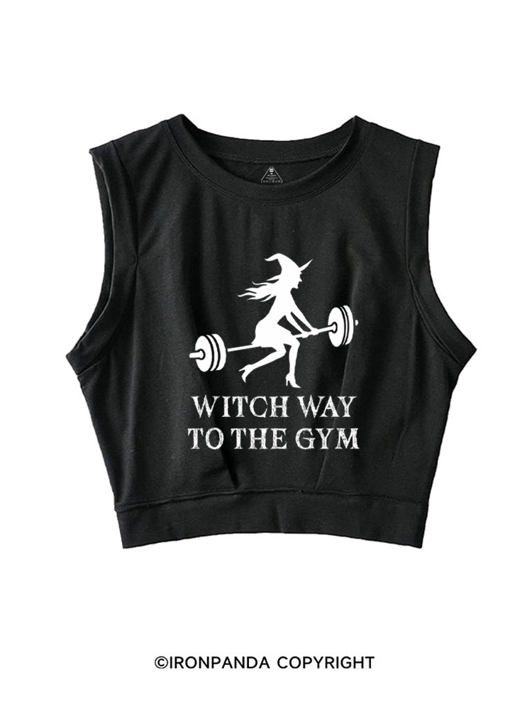 Witch Way To The Gym Funny Halloween SLEEVELESS CROP TOPS