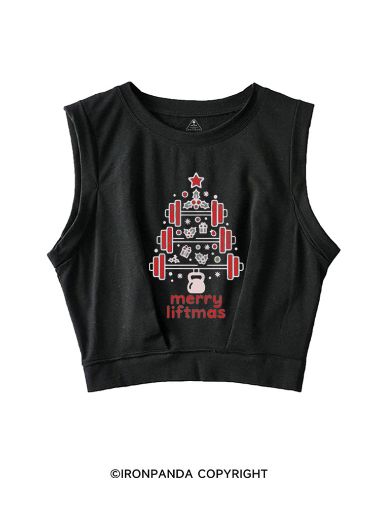 MERRY LIFTMAS FITNESS CHRISTMAS TREE SLEEVELESS CROP TOPS