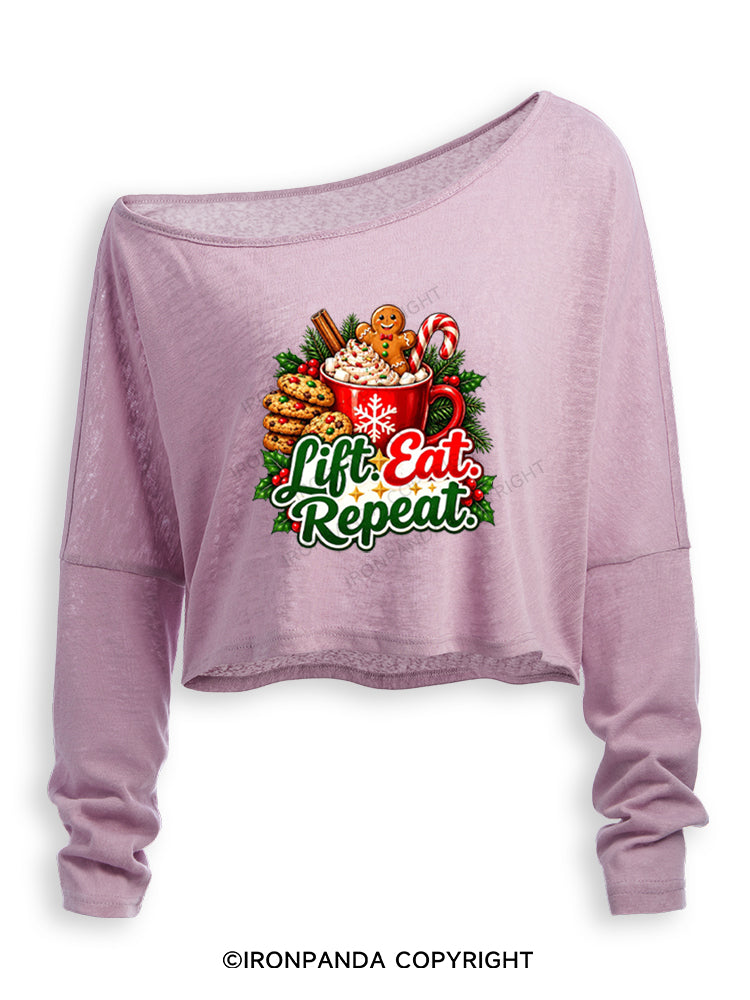 LIFT EAT REPEAT HOT COCOA & COOKIES Off Shoulder Long Sleeve Crop Top