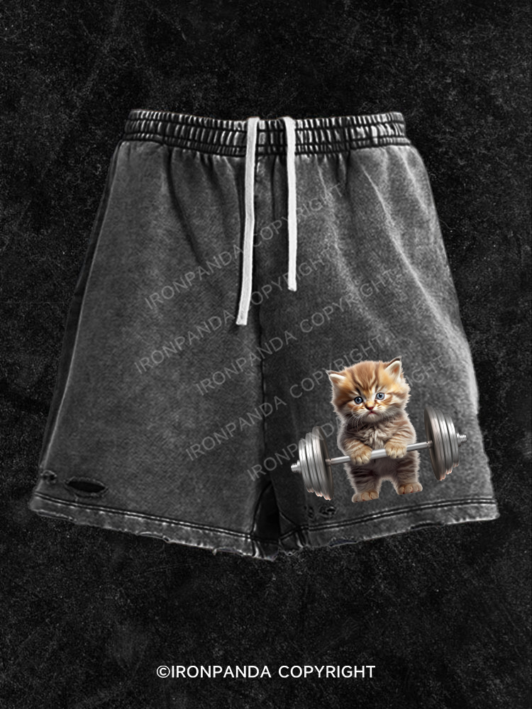 Weightlifting Cat Washed Gym Shorts