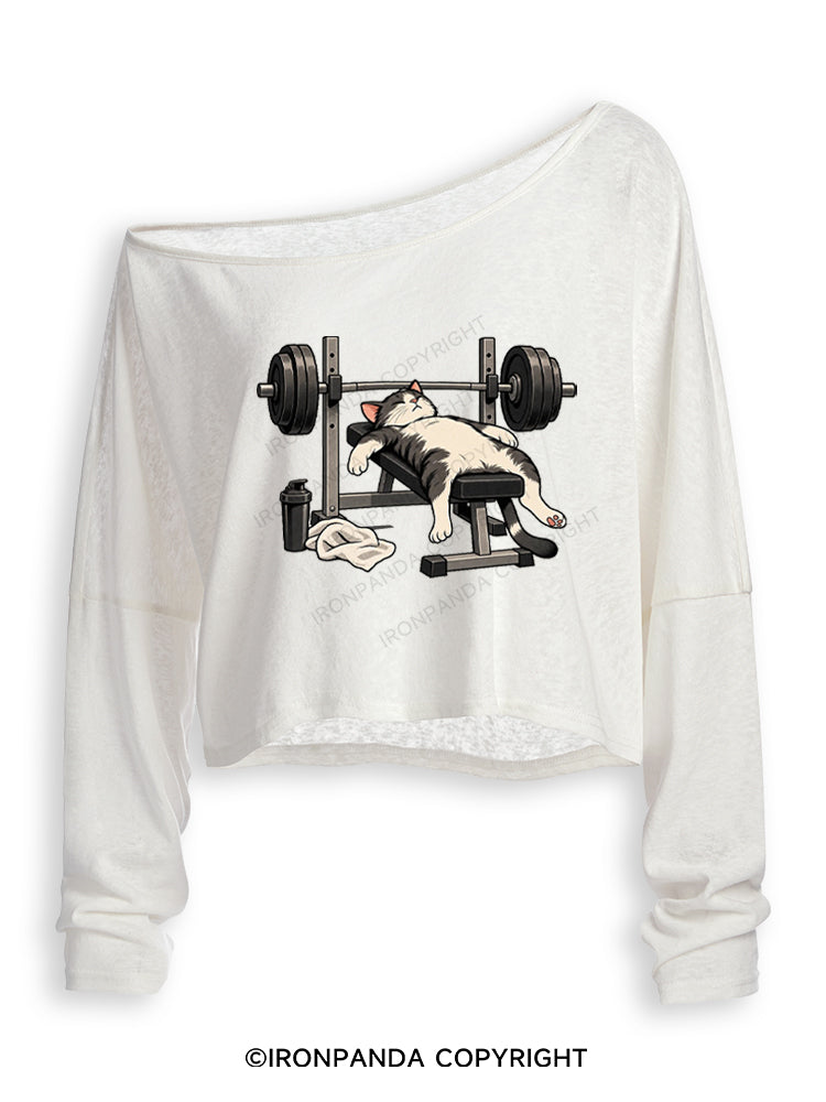 TIRED GYM CAT AFTER WORKOUT Off Shoulder Long Sleeve Crop Top
