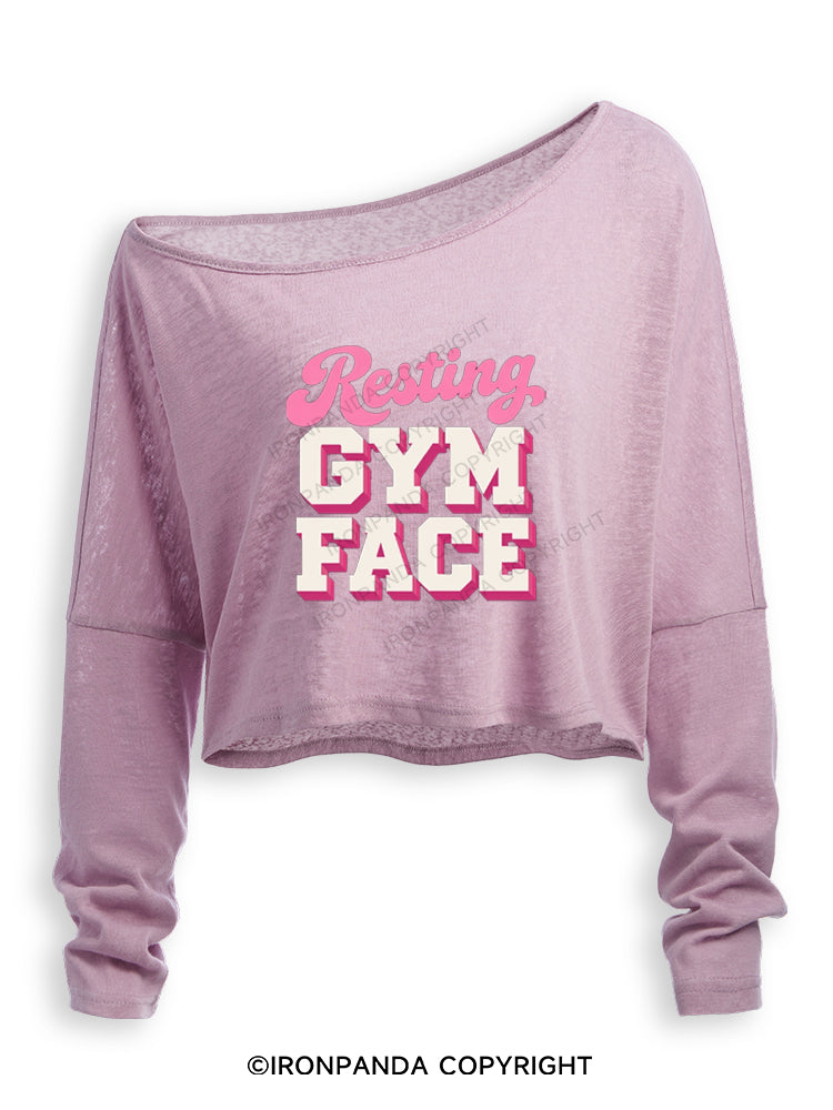 RESTING GYM FACE FUNNY WORKOUT Off Shoulder Long Sleeve Crop Top