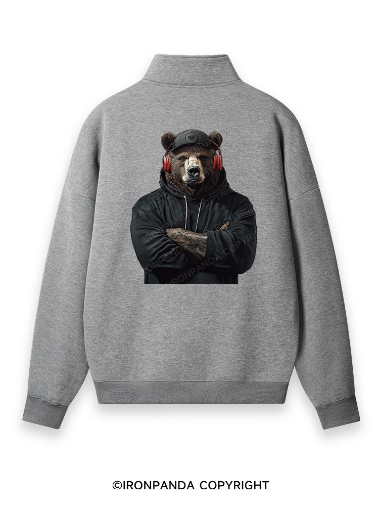 Bear with headphones Back Printed Quarter-Zip Fleece Sweatshirt