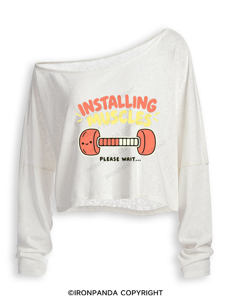 Installing Muscles Please Wait Smiling Dumbbell Off Shoulder Long Sleeve Crop Top