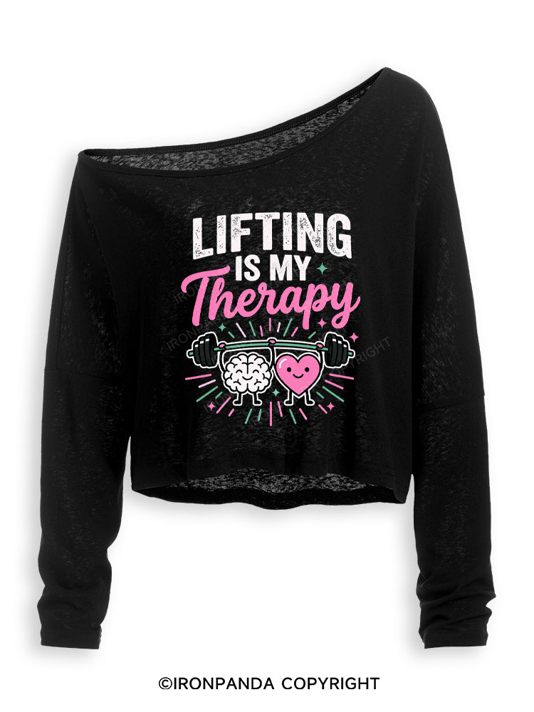 Lifting Is My Therapy Off Shoulder Long Sleeve Crop Top