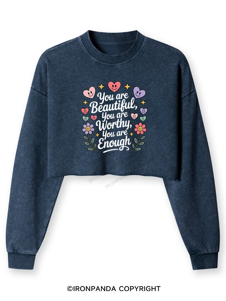 YOU ARE BEAUTIFUL, YOU ARE WORTHY, YOU ARE ENOUGH Washed Long-Sleeve Crop Top