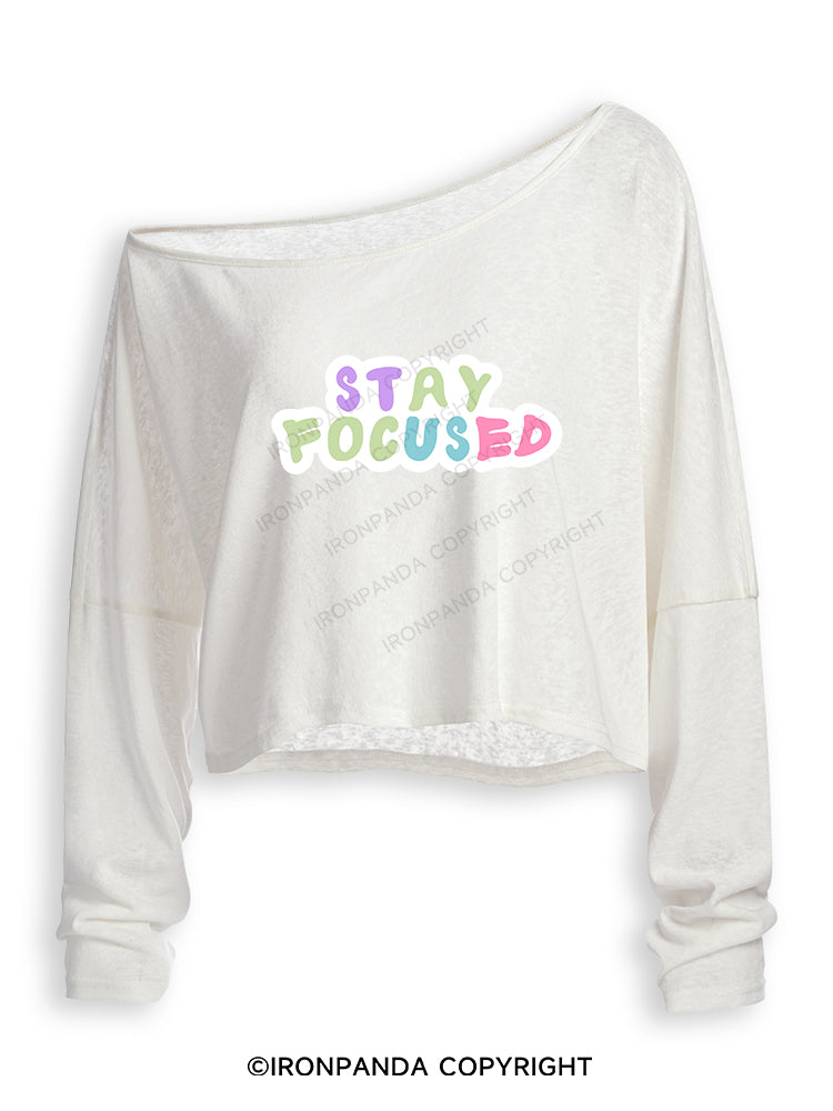 STAY FOCUSED GYM VIBE Off Shoulder Long Sleeve Crop Top
