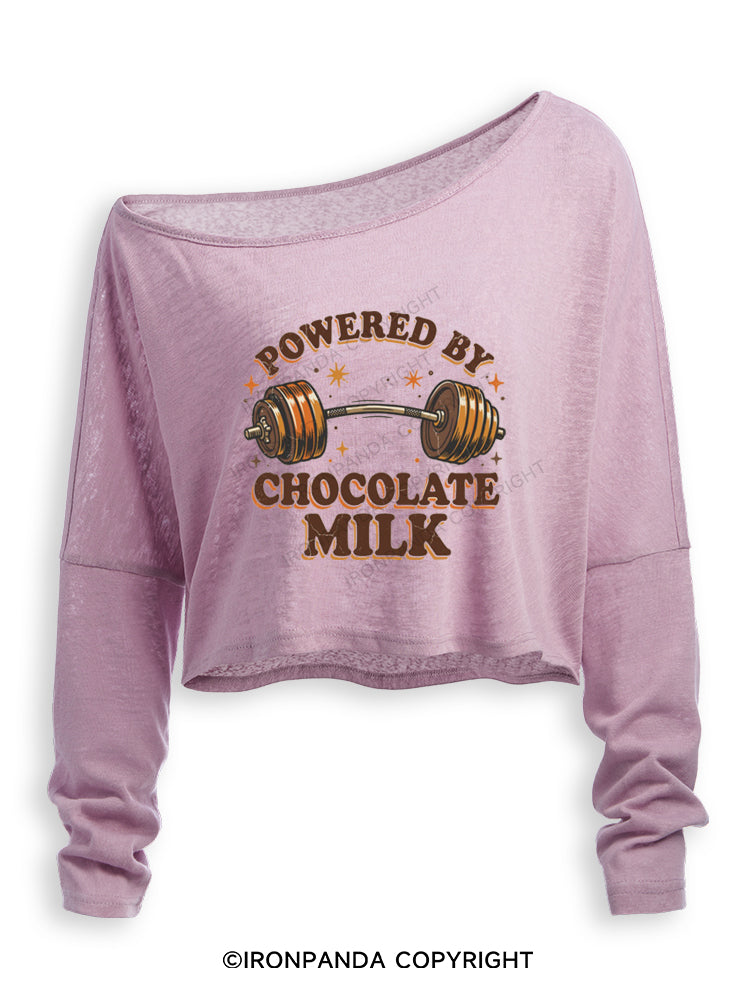 POWERED BY CHOCOLATE MILK FUNNY GYM Off Shoulder Long Sleeve Crop Top