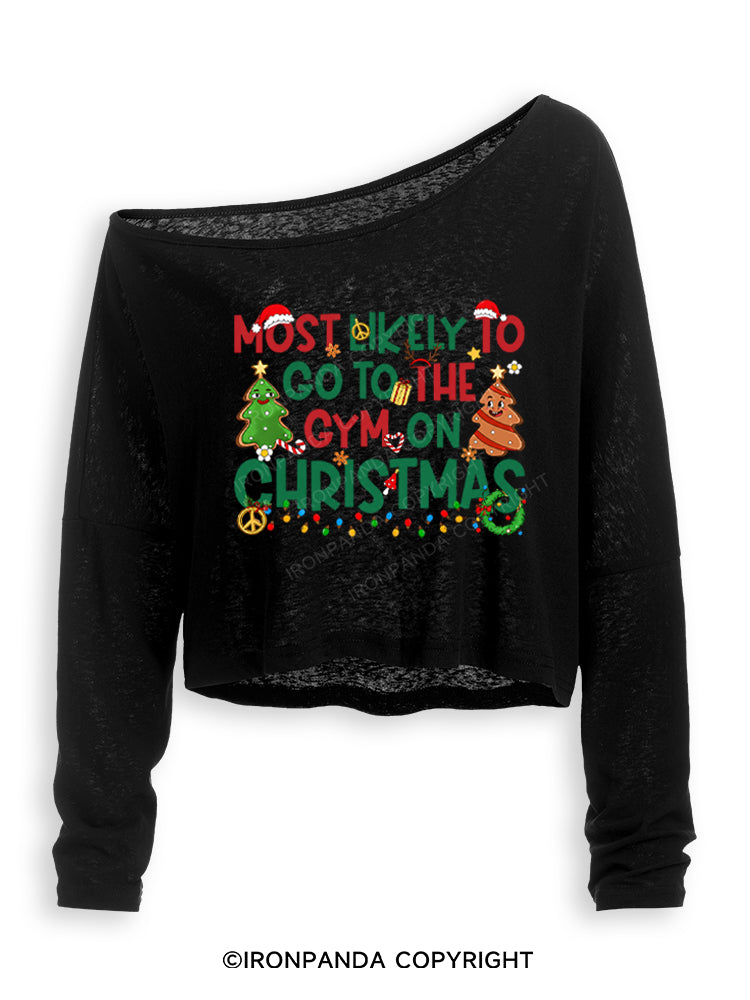 Most Likely To Go To The Gym On Christmas Funny Off Shoulder Long Sleeve Crop Top