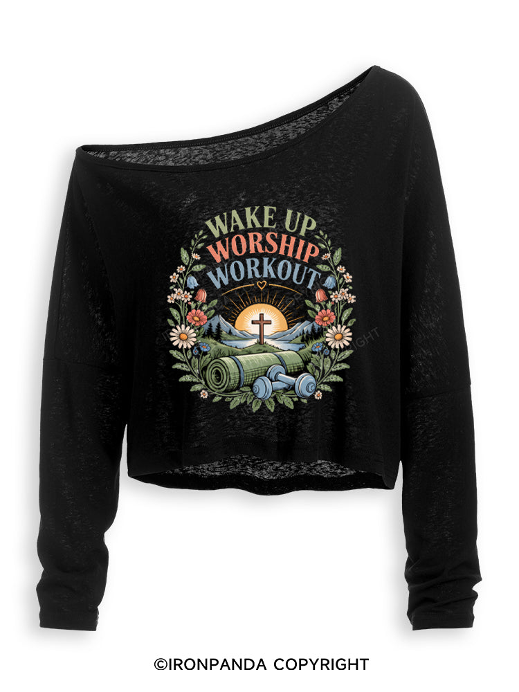 Wake Up Worship Workout Worship Off Shoulder Long Sleeve Crop Top