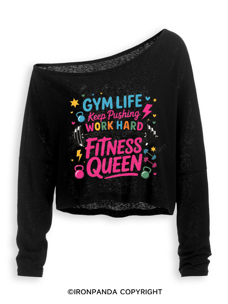GYM LIFE Keep Pushing WORK HARD FITNESS QUEEN Off Shoulder Long Sleeve Crop Top