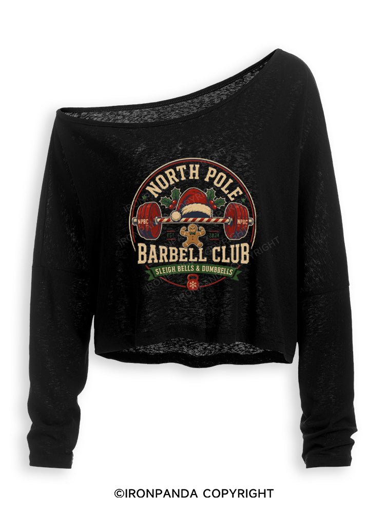 NORTH POLE BARBELL CLUB SLEIGH BELLS & DUMBBELLS Off Shoulder Long Sleeve Crop Top