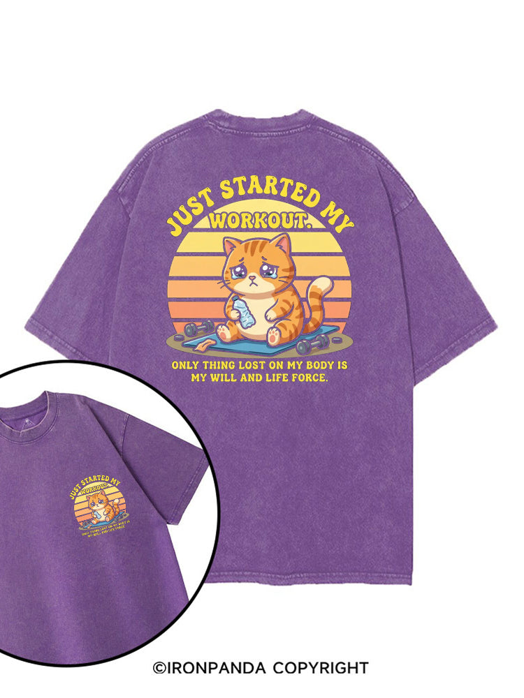 JUST STARTED MY WORKOUT ONLY THING LOST ON MY BODY IS MY WILL AND LIFE FORCE printed Gym Shirt